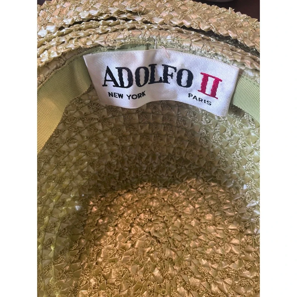 Adolfo II Sun Hat Womens OS Green Excellent Vintage Woven Straw Bow Charm Box